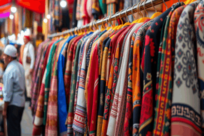 Fiera Acquaviva: bancarella con abiti etnici colorati. Mercato artigianale, shopping.