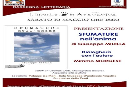 Locandina Sfumature nell'anima di Milella a Palazzo De Mari. Evento letterario, presentazione libro, Acquaviva delle Fonti.