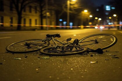 Incidente Gioia del Colle: bicicletta a terra, detriti. Nastro segnaletico. Tragico incidente stradale.