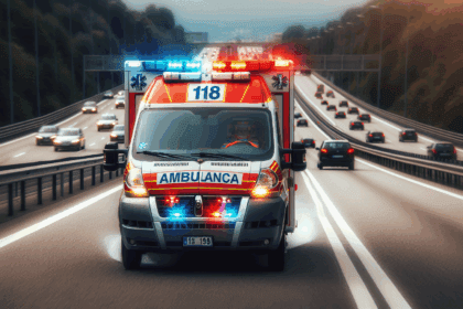 Ambulanza 118 in emergenza su autostrada trafficata. Luci blu e rosse lampeggianti. Soccorso sanitario urgente.