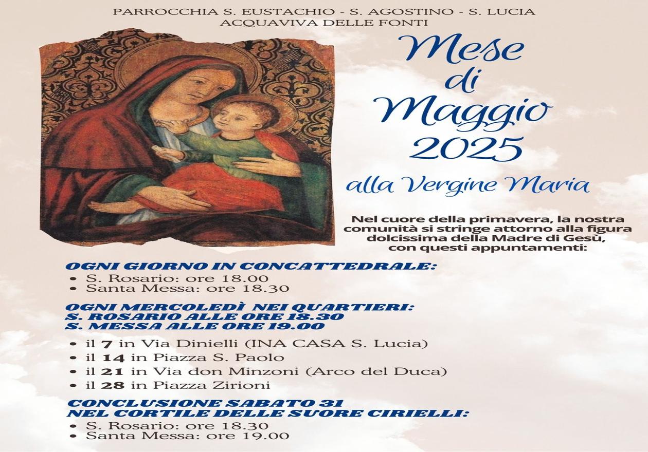 Acquaviva, celebrazioni Vergine Maria. Mese di Maggio 2025. Immagine sacra Madonna con Bambino Gesù.