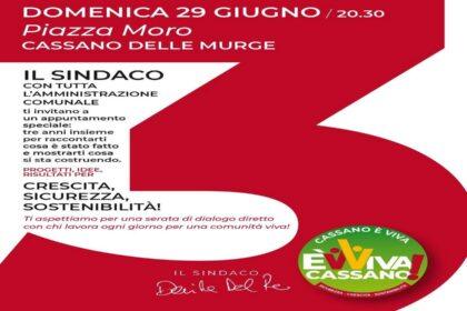 Locandina incontro pubblico sindaco Davide Del Re Cassano delle Murge 29 giugno 2025 Piazza Moro