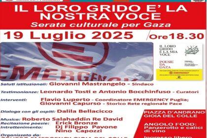 Locandina serata culturale per Gaza a Gioia del Colle - 19 luglio 2025 in Piazza d'Andrano