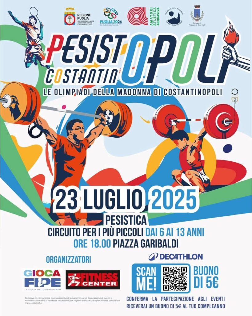 Locandina promozionale dell'evento Pesistopoli 2025 Acquaviva delle Fonti con immagini stilizzate di bambini che praticano pesistica e dettagli dell'evento del 23 luglio in Piazza Garibaldi.