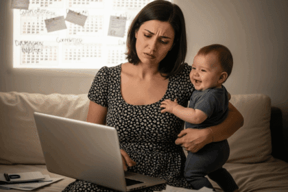 Immagine simbolica di una madre lavoratrice con difficoltà di conciliazione vita-lavoro in Italia, congedi parentali insufficienti