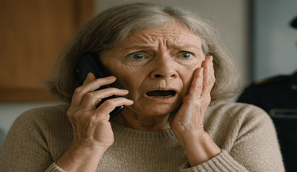 Una donna anziana spaventata al telefono a causa di una truffa finto carabiniere.