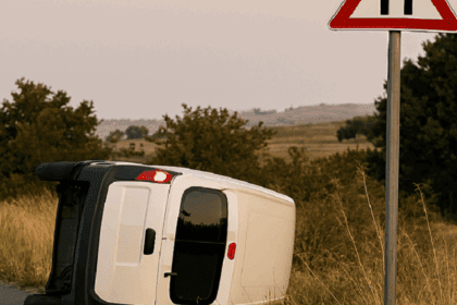 "Incidente con auto ribaltata sulla SP235 tra Santeramo e Altamura, veicolo bianco fuoristrada in un fossato con cartello di restringimento carreggiata sullo sfondo.