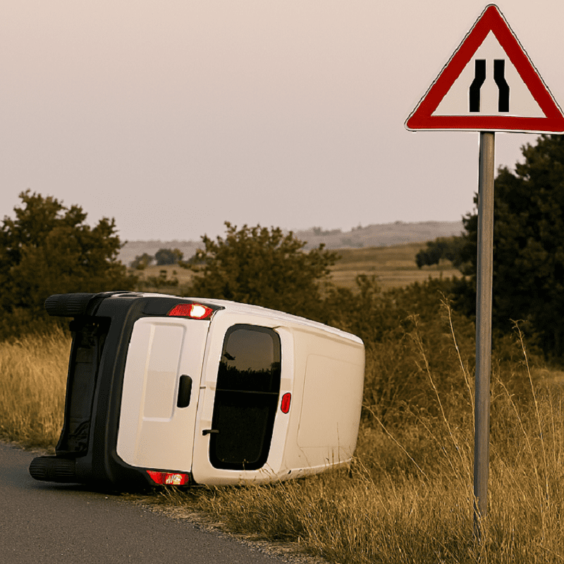 "Incidente con auto ribaltata sulla SP235 tra Santeramo e Altamura, veicolo bianco fuoristrada in un fossato con cartello di restringimento carreggiata sullo sfondo.