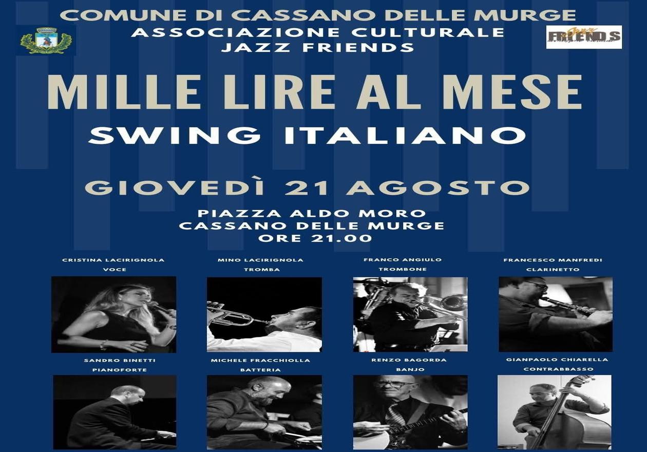 Locandina Mille Lire al Mese Cassano delle Murge – concerto swing Piazza Aldo Moro