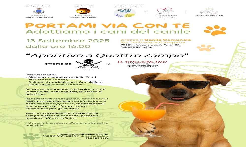 La locandina dell'evento "Portami via con te" per promuovere l'adozione cani Acquaviva presso il canile comunale.