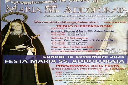 Festa Maria SS Addolorata ad Acquaviva: Oggi 1 Giorno di Fede e la Solenne Processione Serale 6 La locandina ufficiale della Festa Maria SS Addolorata ad Acquaviva con il programma del 15 settembre 2025.