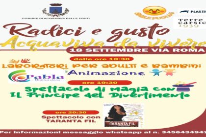 Radici e Gusto Acquaviva da Vivere: Giovedì in Via Roma 1 Serata tra Tradizione, Magia e Taranta! 4 La locandina dell'evento Radici e Gusto Acquaviva da Vivere, con il programma del 18 settembre in Via Roma