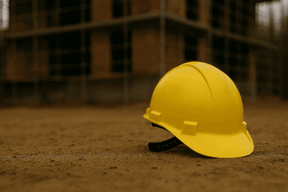 Un elmetto da cantiere appoggiato a terra, a simboleggiare la grave piaga dei morti sul lavoro in Italia.