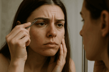 Una donna davanti a uno specchio con una pinzetta, simbolo della pressione estetica femminile e dei paradossi della perfezione.