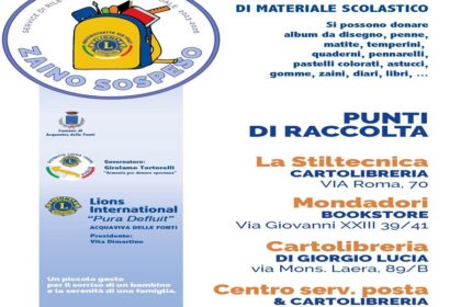 La locandina ufficiale dell'iniziativa Zaino Sospeso ad Acquaviva, organizzata dal Lions Club Pura Defluit.