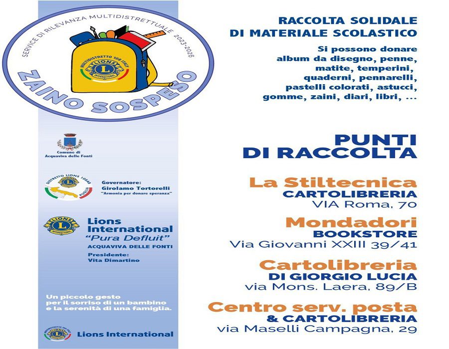 La locandina ufficiale dell'iniziativa Zaino Sospeso ad Acquaviva, organizzata dal Lions Club Pura Defluit.