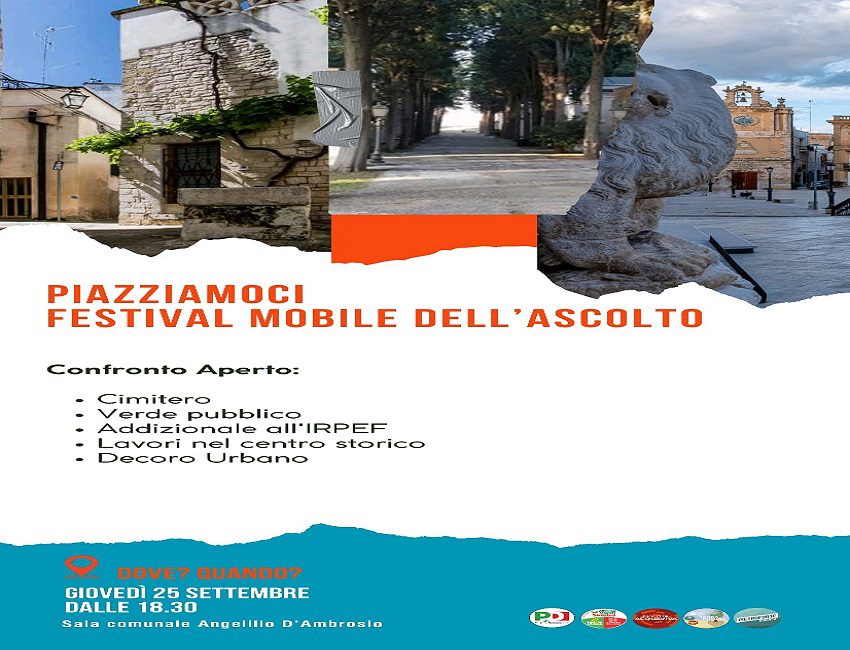 La locandina di Piazziamoci Acquaviva, l'incontro di dibattito pubblico del 25 settembre 2025.
