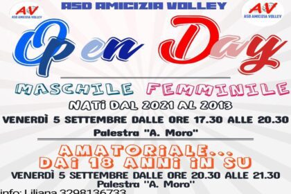 Locandina dell'Open Day Amicizia Volley con dettagli su date, orari e categorie per le iscrizioni.