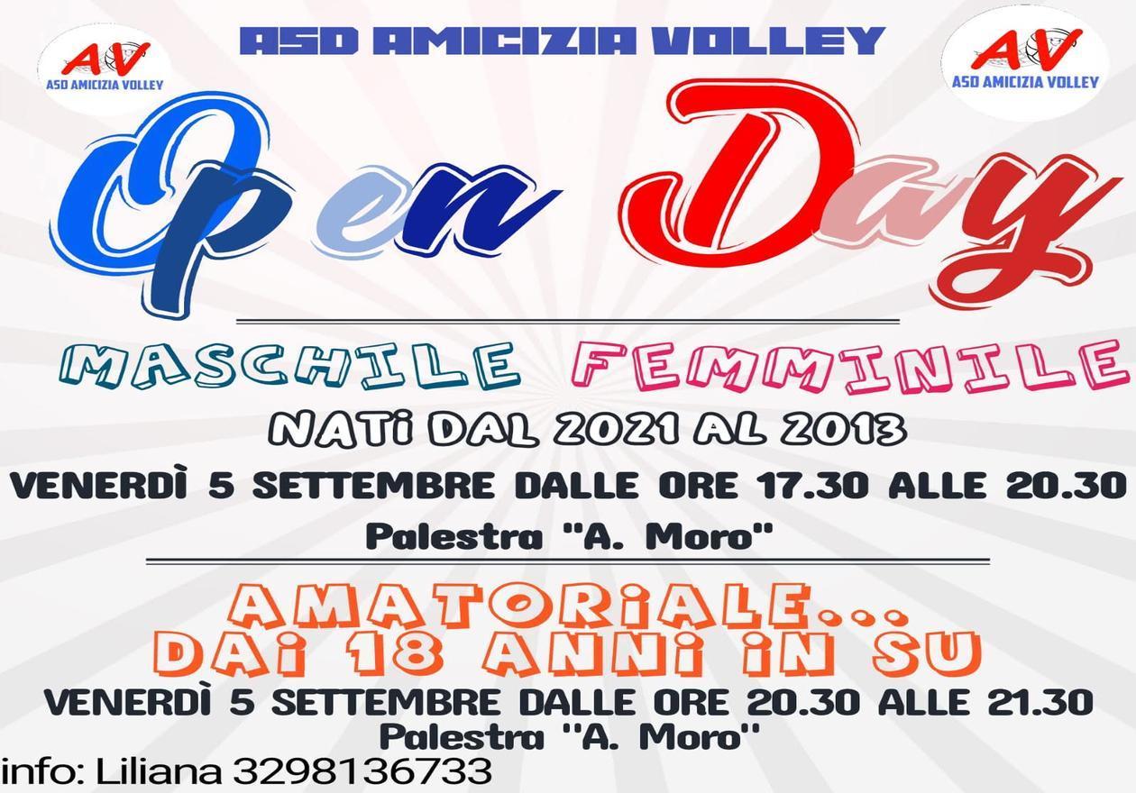 Locandina dell'Open Day Amicizia Volley con dettagli su date, orari e categorie per le iscrizioni.