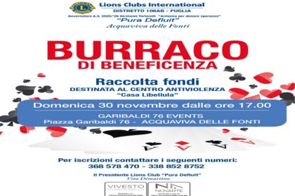 Locandina del Burraco di Beneficenza adAcquaviva organizzato dal Lions Club Pura Defluit per il Centro Antiviolenza Casa Libellula.