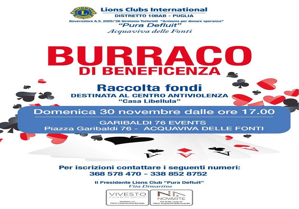 Locandina del Burraco di Beneficenza adAcquaviva organizzato dal Lions Club Pura Defluit per il Centro Antiviolenza Casa Libellula.