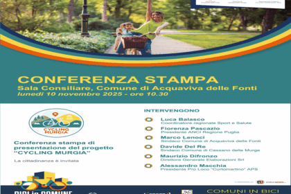Locandina conferenza stampa progetto Cycling Murgia ad Acquaviva delle Fonti con sindaci e relatori