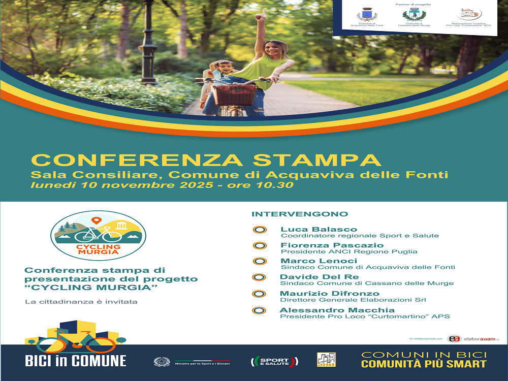 Locandina conferenza stampa progetto Cycling Murgia ad Acquaviva delle Fonti con sindaci e relatori