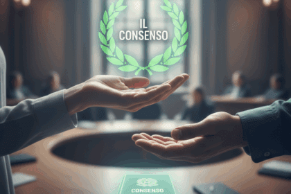 Illustrazione concettuale della riforma del Nuovo Art. 609-bis, con due mani che si incontrano su un tavolo legislativo e un simbolo di giustizia che evidenzia il principio del consenso libero e attuale.