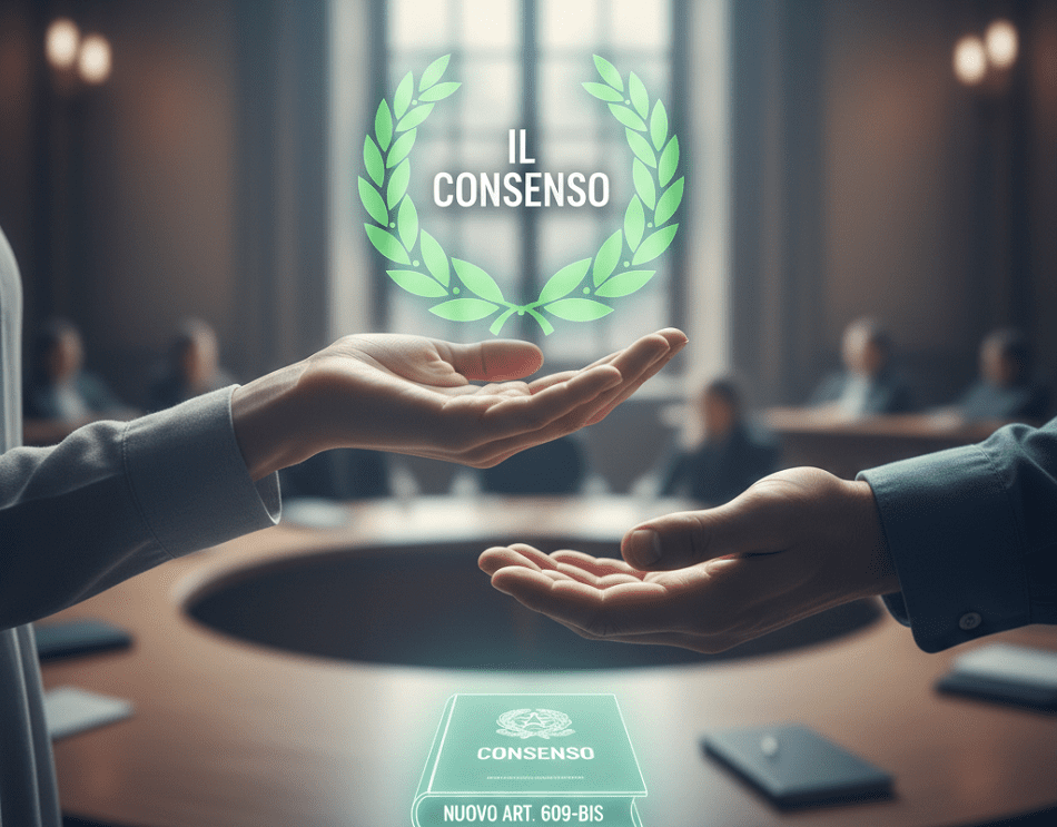 Illustrazione concettuale della riforma del Nuovo Art. 609-bis, con due mani che si incontrano su un tavolo legislativo e un simbolo di giustizia che evidenzia il principio del consenso libero e attuale.