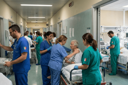 Professionisti impegnati nel lavoro sanitario all'interno di un ospedale pubblico italiano.