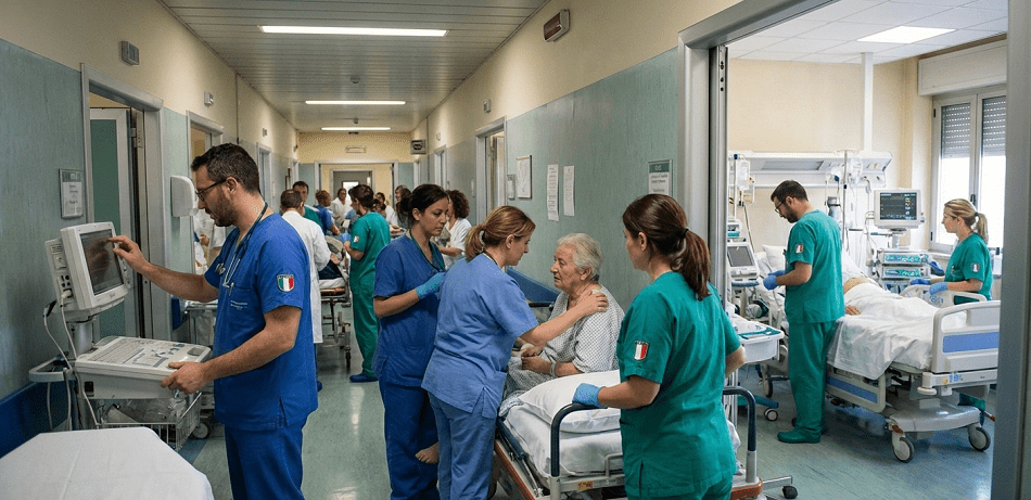 Professionisti impegnati nel lavoro sanitario all'interno di un ospedale pubblico italiano.