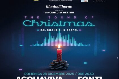 Locandina ufficiale del concerto Wanted Chorus ad Acquaviva al Teatro Luciani con Vincenzo Schettini.
