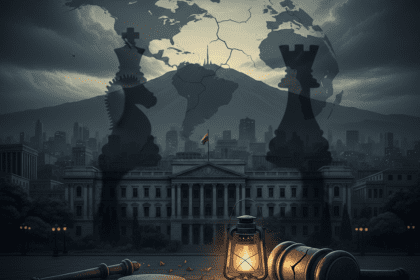 Crisi Venezuela. Illustrazione concettuale della crisi in Venezuela con ombre delle potenze mondiali, mappa del mondo crepata e un martelletto del giudice rotto, simbolo della fragilità del diritto internazionale.