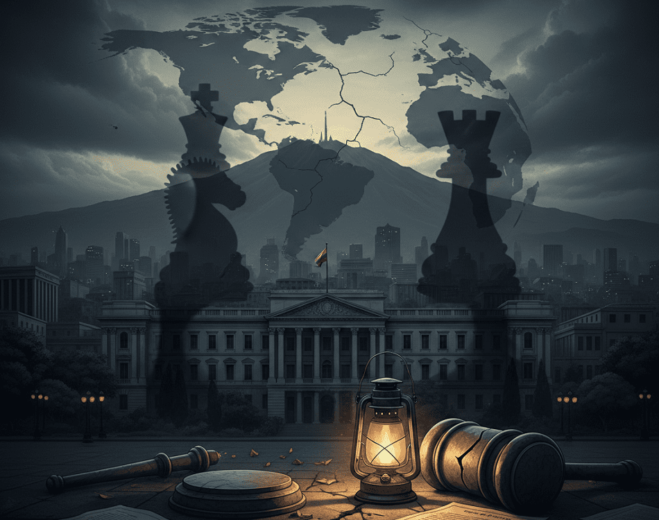 Crisi Venezuela. Illustrazione concettuale della crisi in Venezuela con ombre delle potenze mondiali, mappa del mondo crepata e un martelletto del giudice rotto, simbolo della fragilità del diritto internazionale.