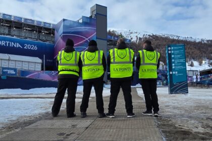 Squadra operativa della Vigilanza La Fonte in servizio a Livigno durante le Olimpiadi invernali 2026.