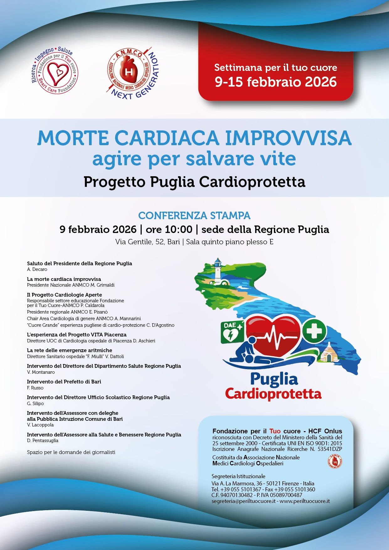Presentazione del progetto Puglia Cardioprotetta presso la sede della Regione Puglia con medici ANMCO e autorità.