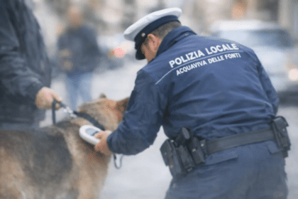 Un agente della Polizia Locale di Acquaviva delle Fonti mentre effettua un controllo sul microchip di un cane di grossa taglia in una via cittadina.