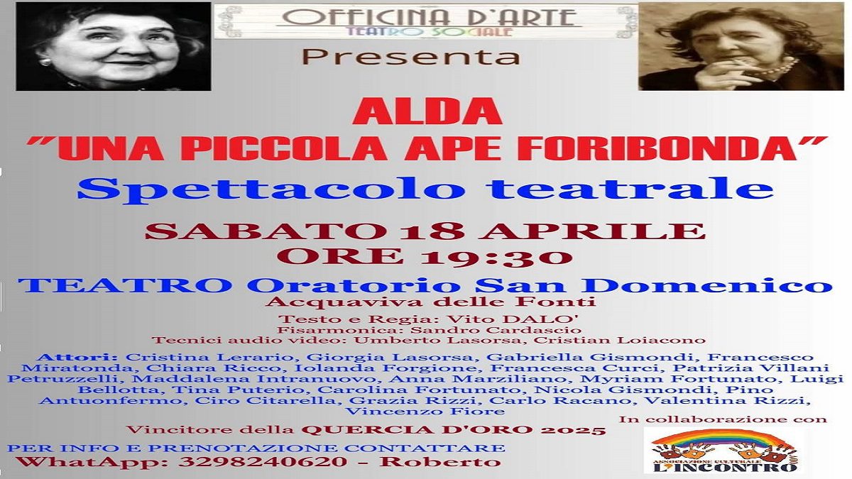 Locandina ufficiale dell'evento Alda Merini ad Acquaviva delle Fonti presso il Teatro San Domenico.