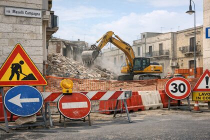 Segnaletica stradale temporanea e cantiere edile in Via Maselli Campagna ad Acquaviva delle Fonti per lavori di demolizione.