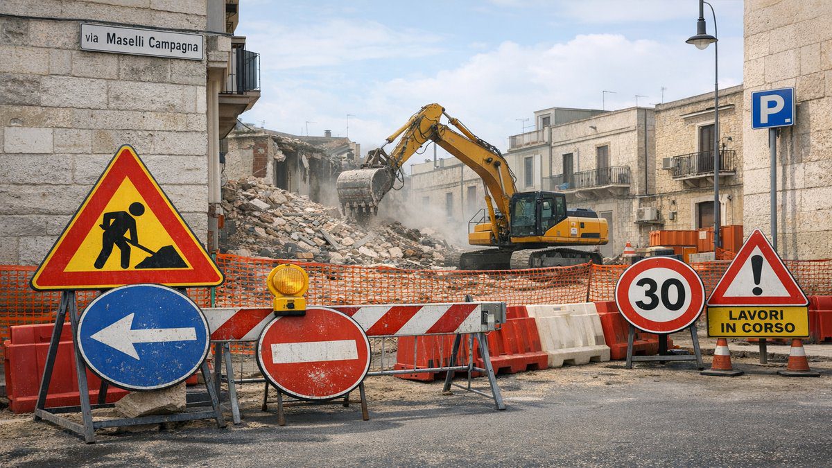 Segnaletica stradale temporanea e cantiere edile in Via Maselli Campagna ad Acquaviva delle Fonti per lavori di demolizione.