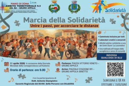 Locandina ufficiale della Marcia della Solidarietà 2026 a Grumo Appula con dettagli su orari e percorso.