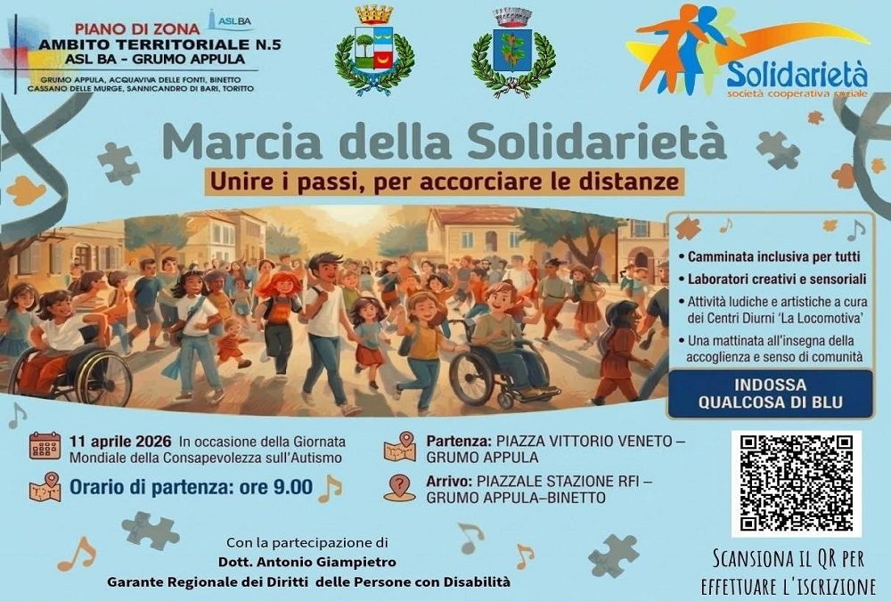 Locandina ufficiale della Marcia della Solidarietà 2026 a Grumo Appula con dettagli su orari e percorso.