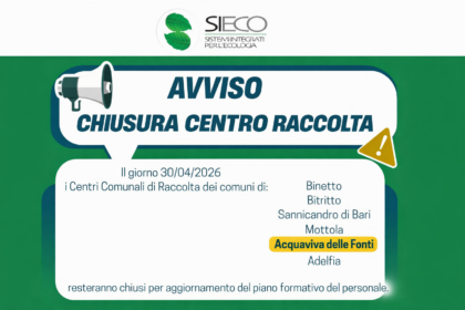 Chiusura centri di raccolta in 6 comuni: l'annuncio Sieco per il 30 aprile 8 Infografica ufficiale Sieco per la chiusura centri di raccolta ad Acquaviva delle Fonti e comuni limitrofi.