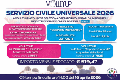 Locandina ufficiale del Servizio Civile Universale 2026 per la selezione di 20 volontari presso VolleyUp Acquaviva.