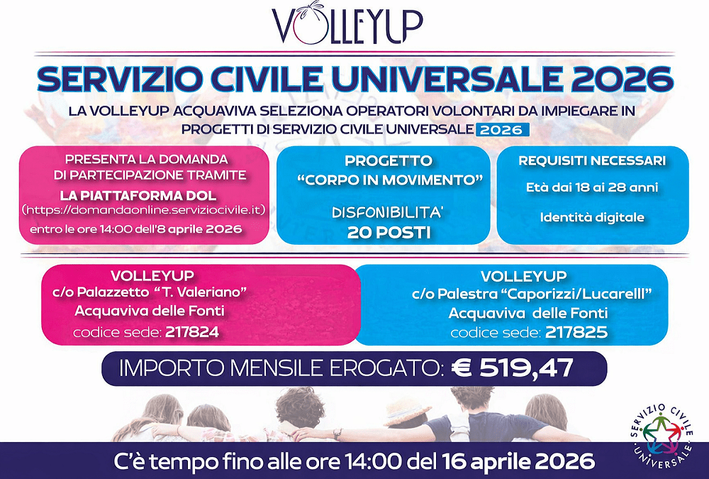 Locandina ufficiale del Servizio Civile Universale 2026 per la selezione di 20 volontari presso VolleyUp Acquaviva.