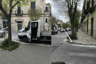 Intervento della Polizia Locale per un palo della pubblica illuminazione abbattuto dal vento a Gioia del Colle.