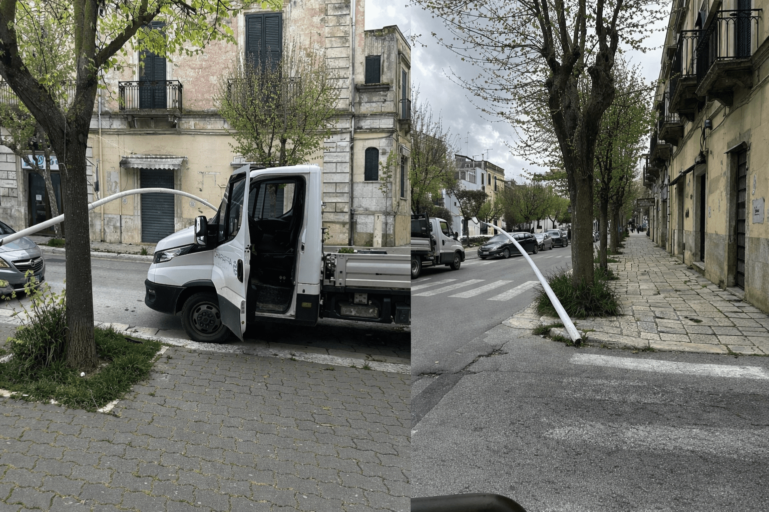 Intervento della Polizia Locale per un palo della pubblica illuminazione abbattuto dal vento a Gioia del Colle.