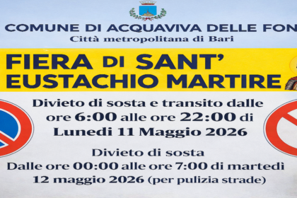 Fiera di Sant’Eustachio: 2 giorni di modifiche alla viabilità ad Acquaviva 5 Cartello ordinanza n. 562026 del Comune di Acquaviva delle Fonti per la Fiera di Sant’Eustachio.