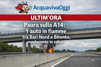 Un'auto in fiamme sulla A14 tra Bari Nord e Bitonto ha causato fumo e rallentamenti intorno alle 9:30. Conducente salvo nella corsia di emergenza.