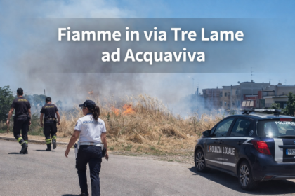 Intervento della Polizia Locale e dei soccorsi per l'incendio di sterpaglie in via Tre Lame ad Acquaviva delle Fonti.